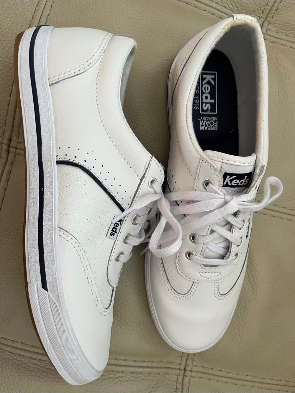Keds Men's White Leather Sneakers with Navy Trim